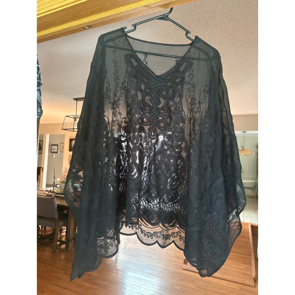 Black Sheer Embroidered Lace Poncho V-Neck Studded Mesh Layering Top Boho